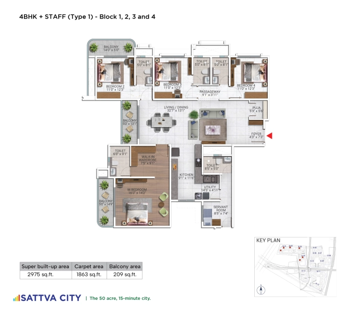 4 BHK + Staff 2,975 sq ft floor plan at Sattva City