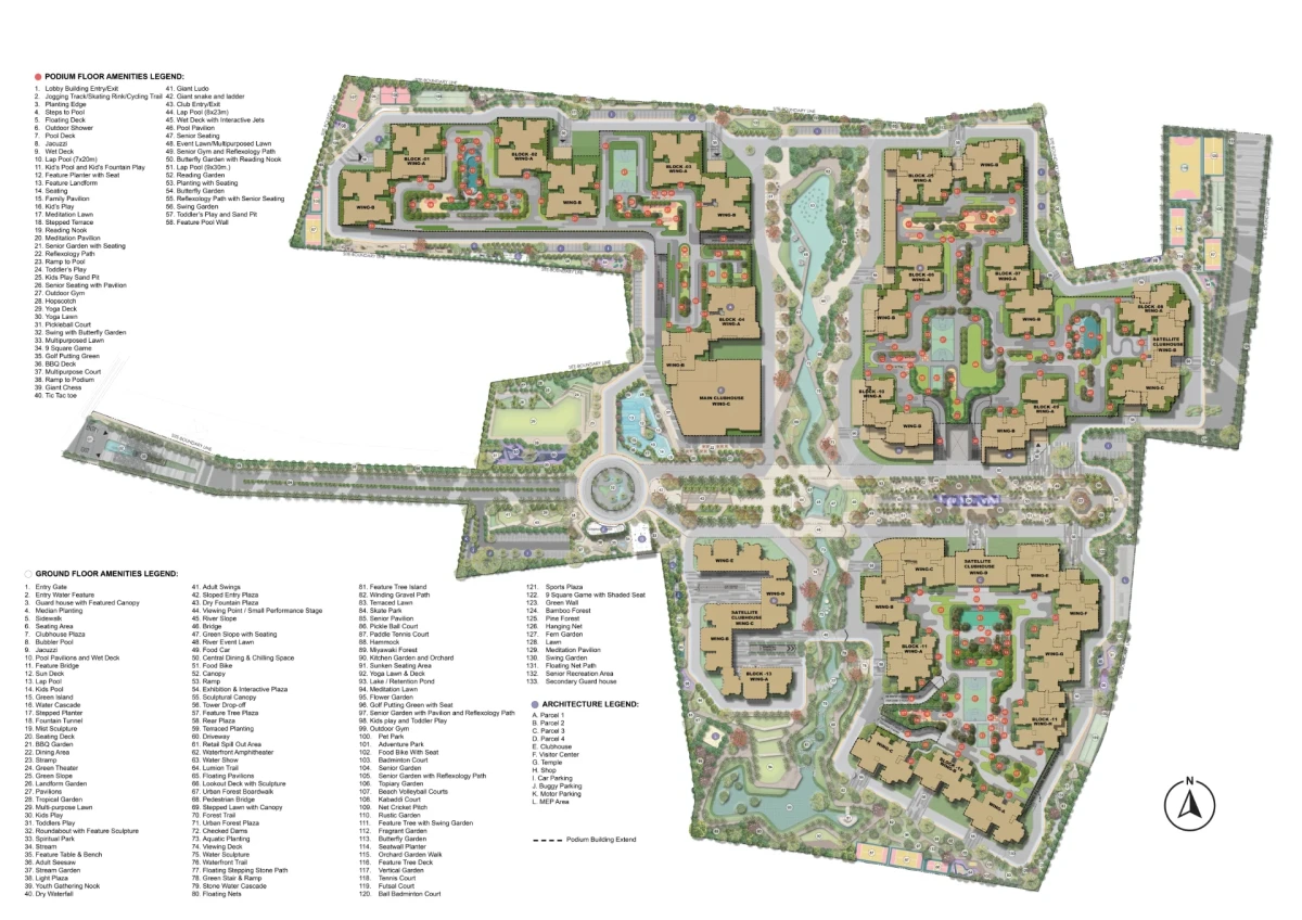 Sattva City master plan showing 13 towers, parcels, green zones, and amenity planning