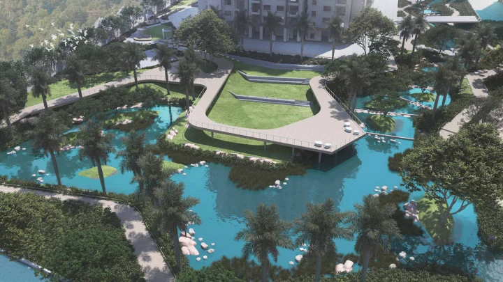 Amenity lagoon aerial view at Sattva City