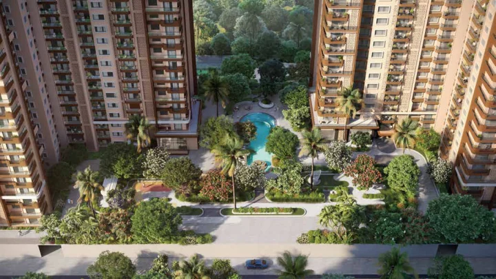 Aerial view of Sattva City towers and central courtyard