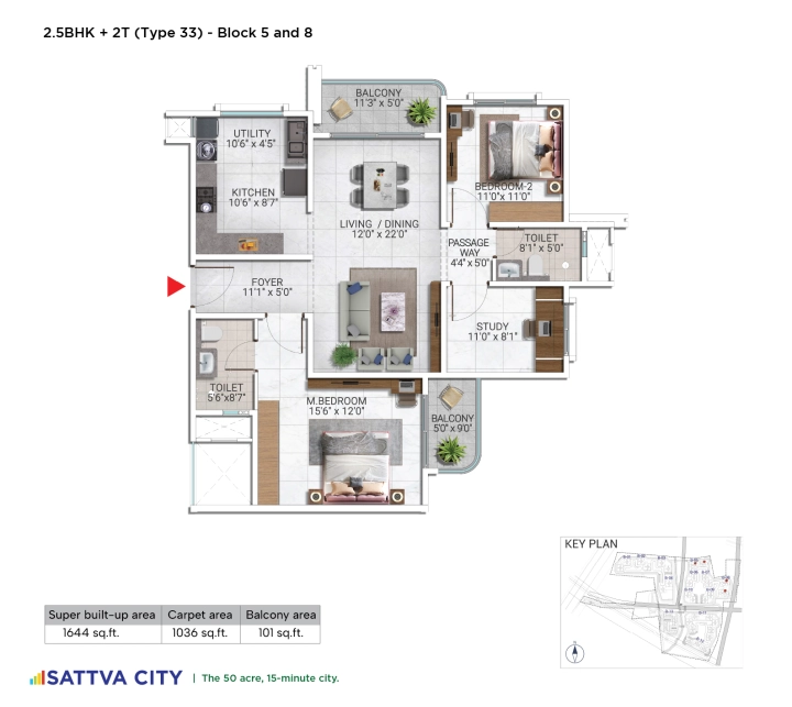 2.5 BHK 1644 square feet floor plan at Sattva City
