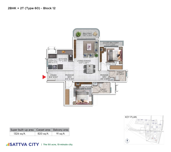 2 BHK 1326 square feet floor plan at Sattva City