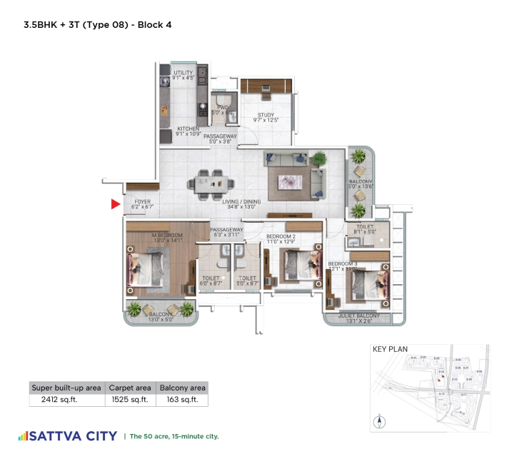 3.5 BHK 2412 square feet floor plan at Sattva City