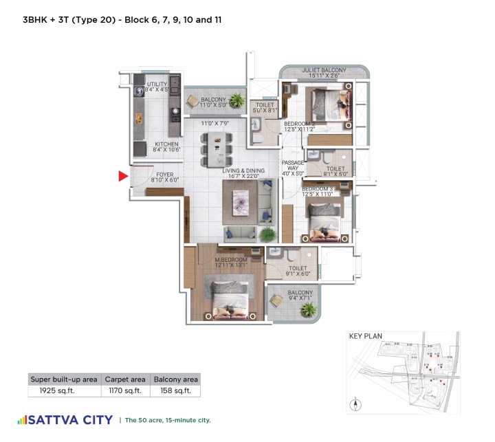 3 BHK 1925 square feet floor plan at Sattva City